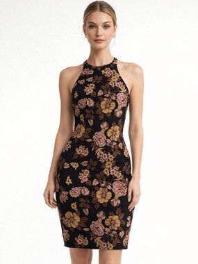 Elizabeth and James Floral Bardot Dress Size 4 Halter Neckline Zip Wool NWT